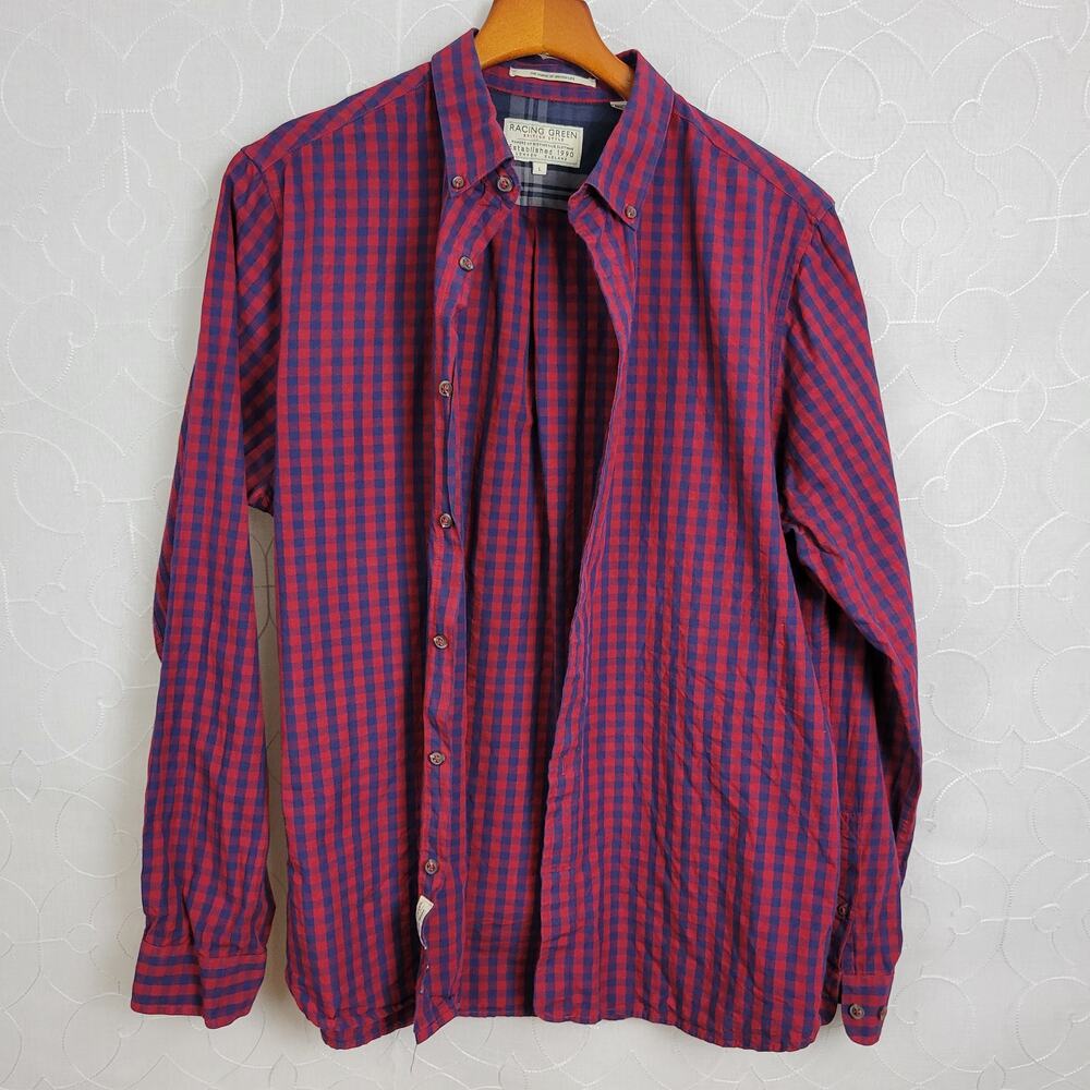 Racing Green Mens Button Down Shirt Large Red Blue Check Plaid Preppy